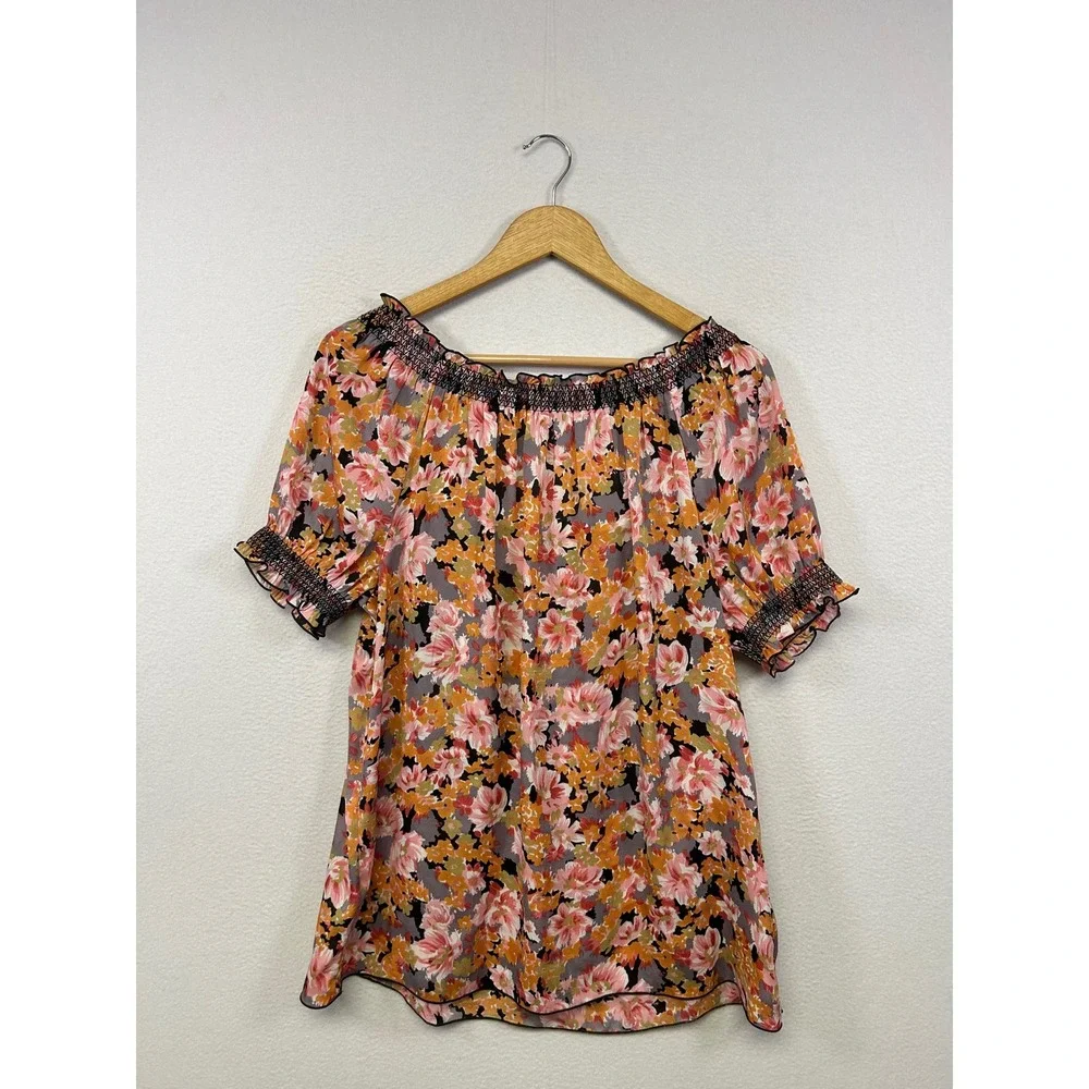 Cottagecore Boho Quintessential Womens Large Pink Orange Floral Peasant Blouse